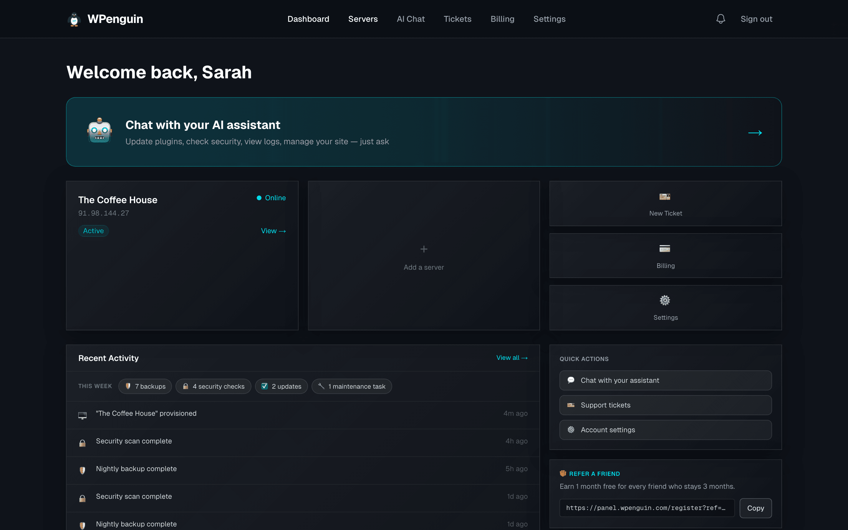 The WPenguin panel — one dashboard for every client server, with the AI assistant, recent activity, and billing
