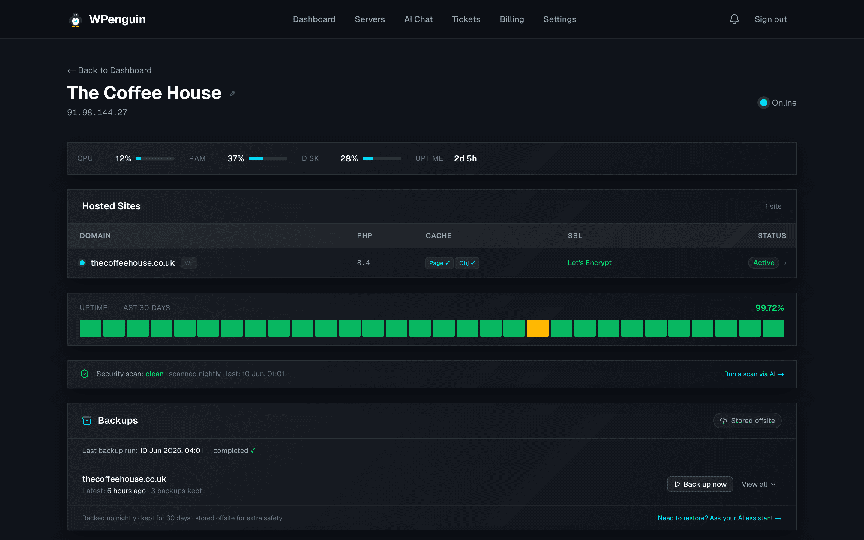 A WPenguin server view — live CPU, RAM, disk and uptime, hosted sites with SSL and caching status, a 30-day uptime history, nightly security scans and offsite backups